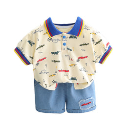 Boys Yellow & Blue Polo Collar Printed T-shirt with Shorts