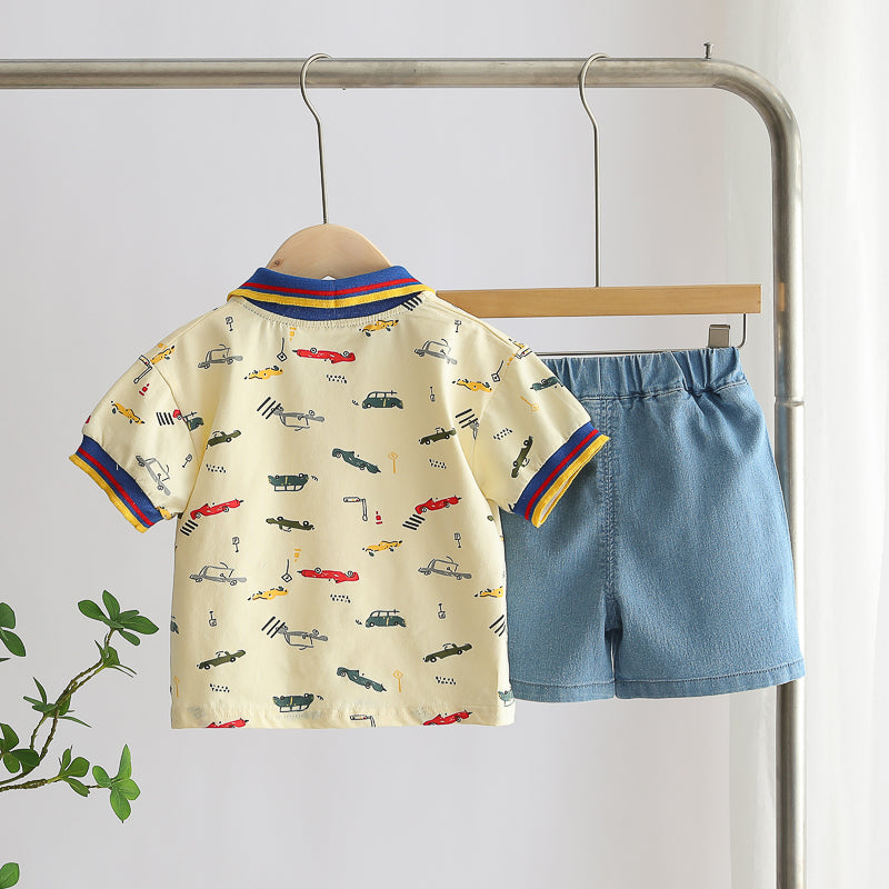 Boys Yellow & Blue Polo Collar Printed T-shirt with Shorts