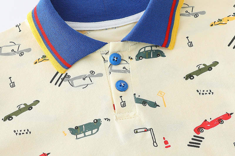 Boys Yellow & Blue Polo Collar Printed T-shirt with Shorts