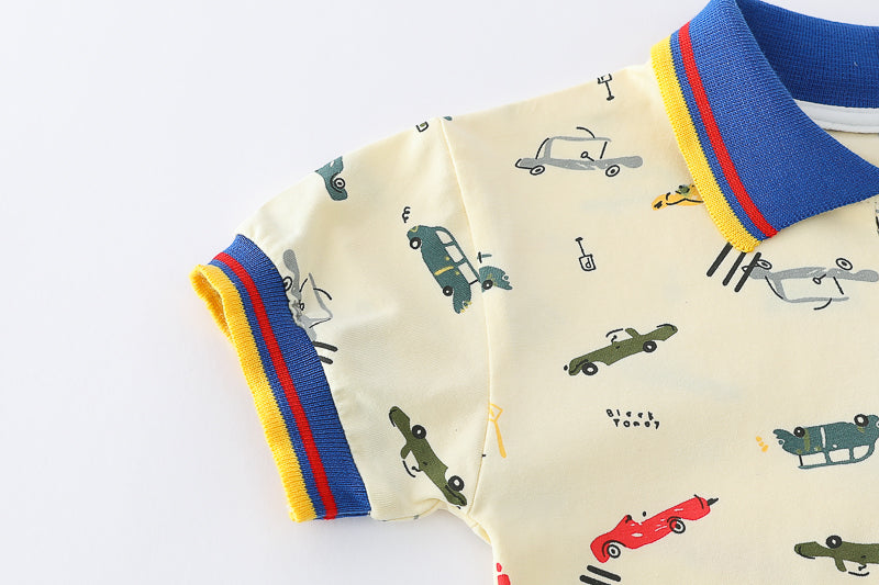 Boys Yellow & Blue Polo Collar Printed T-shirt with Shorts