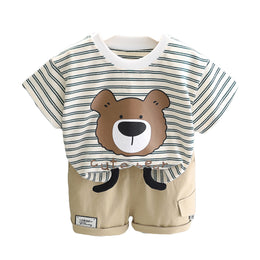Boys White & Beige Striped T-shirt with Shorts