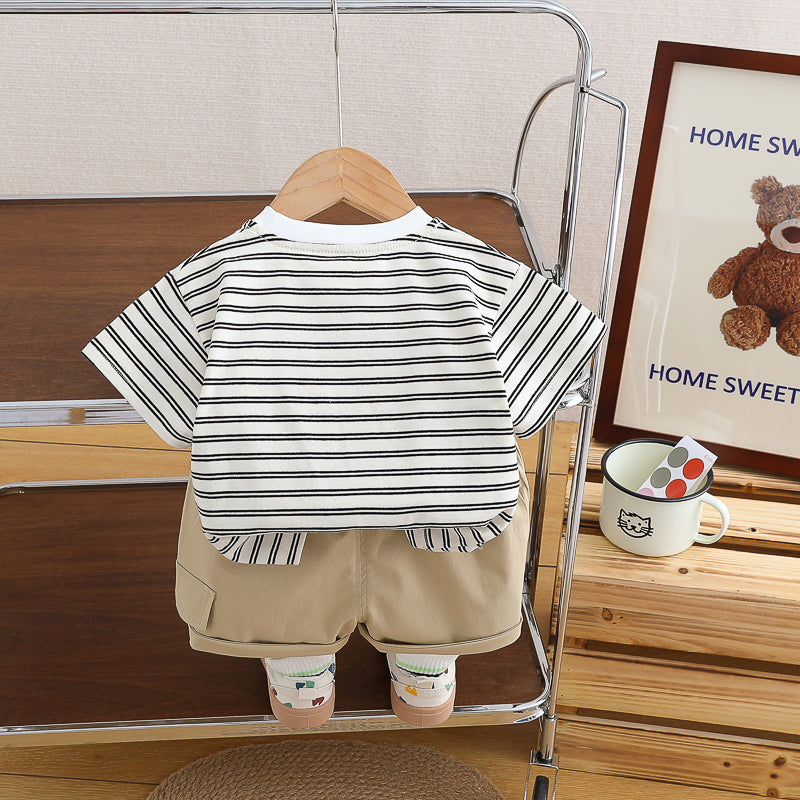 Boys White & Beige Striped T-shirt with Shorts
