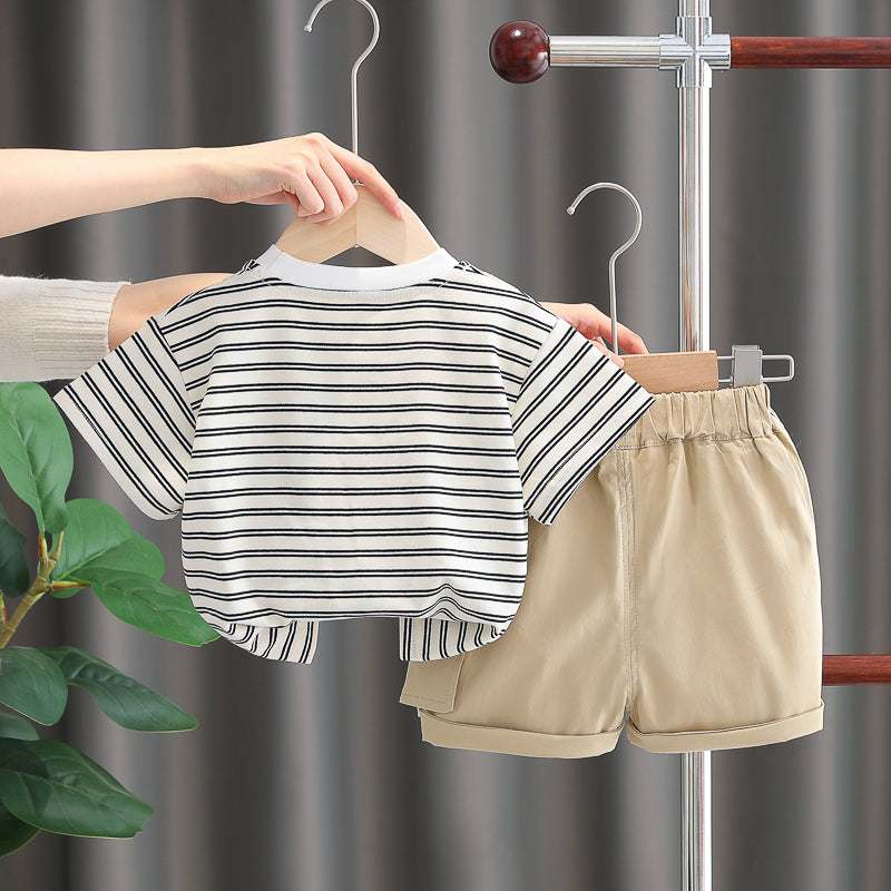 Boys White & Khaki Striped T-shirt with Shorts