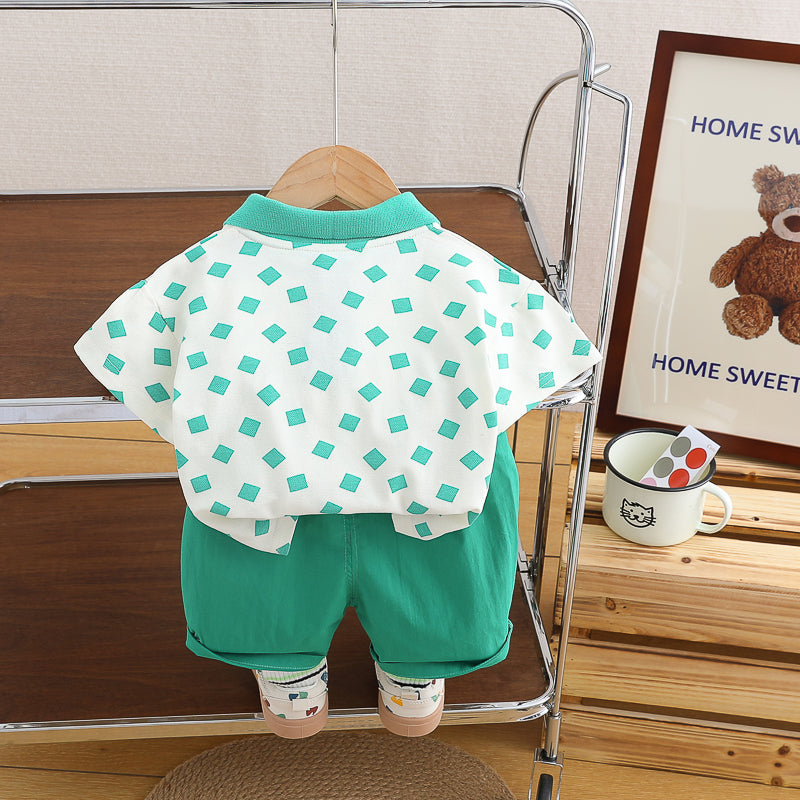 Boys Green & White Printed Top with Shorts