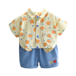 Boys Off White & Blue Printed Shirt with Shorts