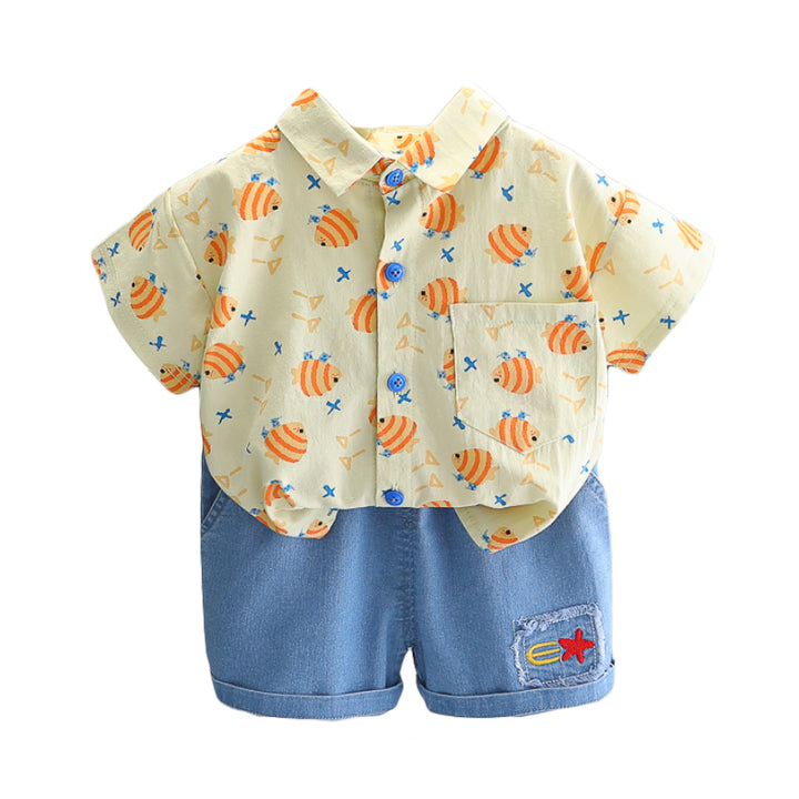 Boys Off White & Blue Printed Shirt with Shorts