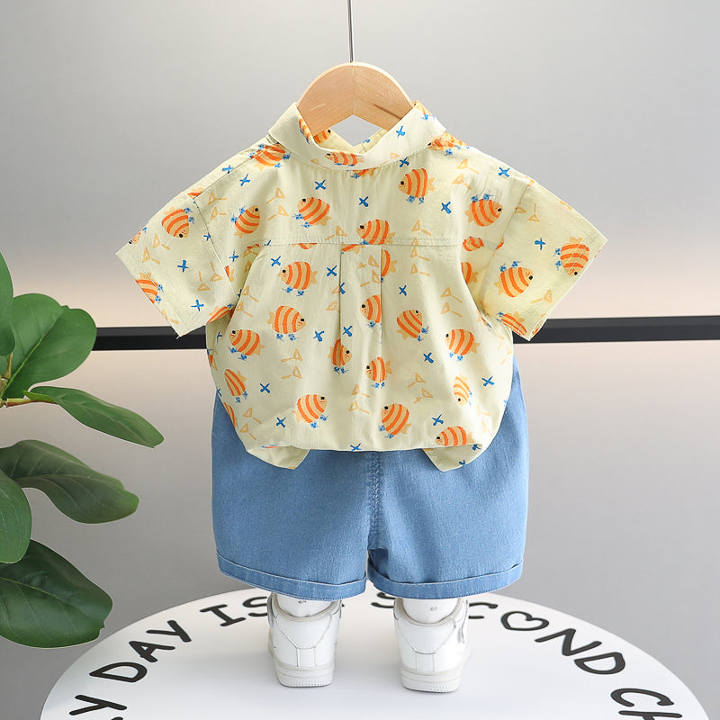 Boys Off White & Blue Printed Shirt with Shorts