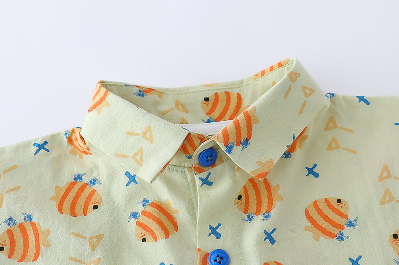 Boys Off White & Blue Printed Shirt with Shorts