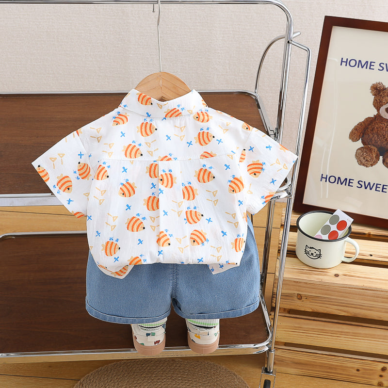 Boys white Printed Shirt with Shorts
