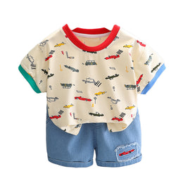 Boys Beige & Blue Printed Round Neck T-shirt with Shorts