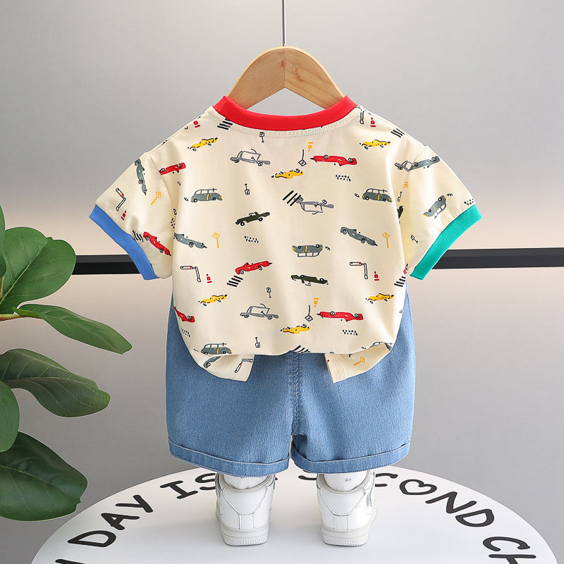 Boys Beige & Blue Printed Round Neck T-shirt with Shorts