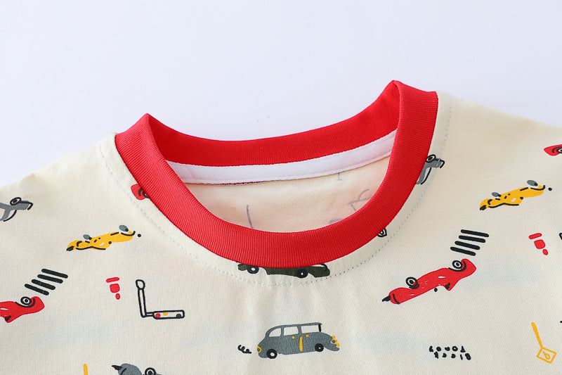 Boys Beige & Blue Printed Round Neck T-shirt with Shorts