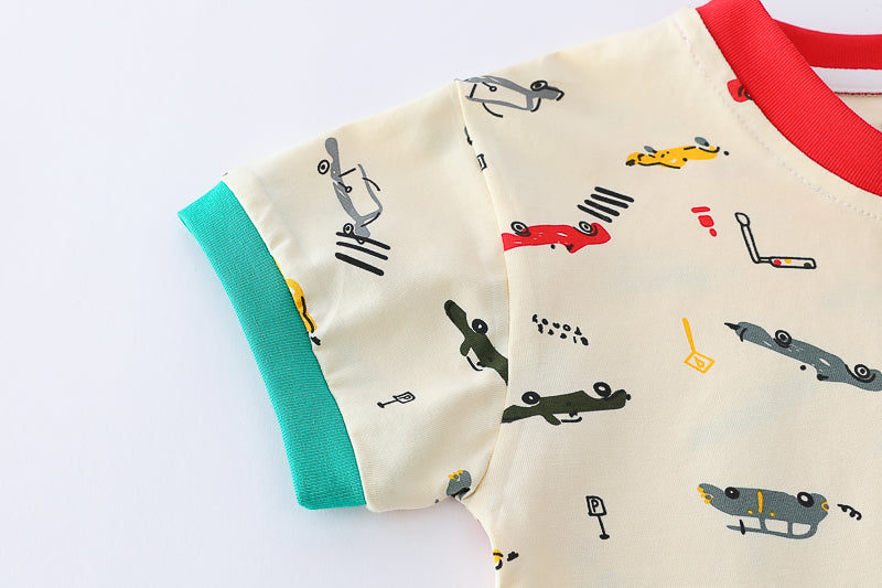 Boys Beige & Blue Printed Round Neck T-shirt with Shorts
