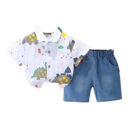 Boys White & Blue Printed Shirt Collar Shirt with Shorts