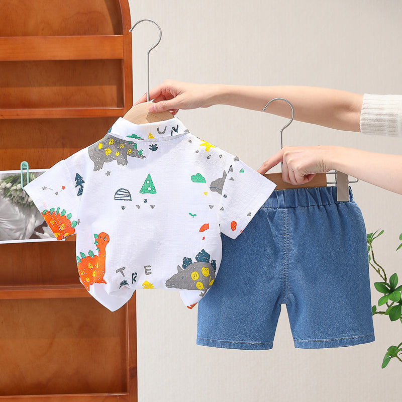 Boys White & Blue Printed Shirt Collar Shirt with Shorts