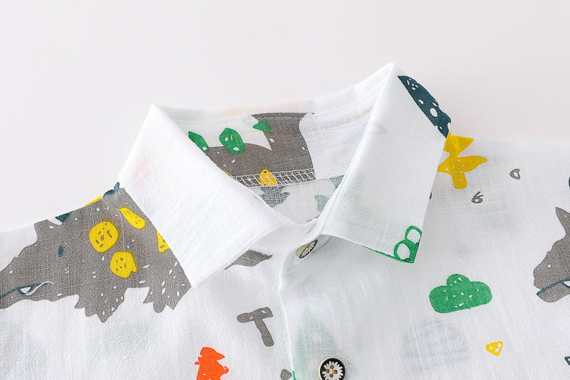 Boys White & Blue Printed Shirt Collar Shirt with Shorts