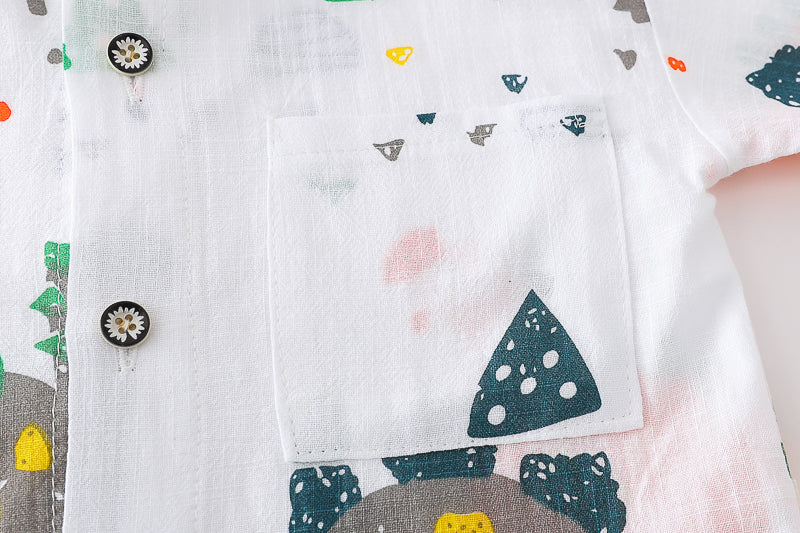 Boys White & Blue Printed Shirt Collar Shirt with Shorts