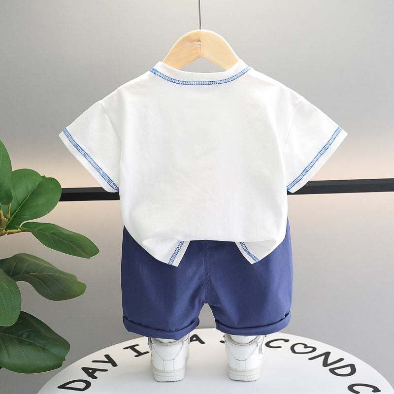 Boys White & Blue Printed T-shirt with Shorts