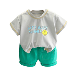 Boys White & Green Printed T-shirt with Shorts
