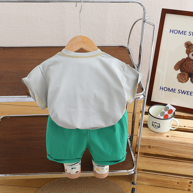 Boys White & Green Printed T-shirt with Shorts