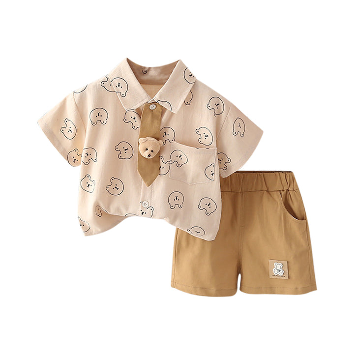Boys Printed Shirt Collar T-shirt with Shorts