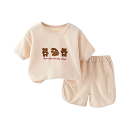 Boys Beige Self Design T-shirt With Shorts