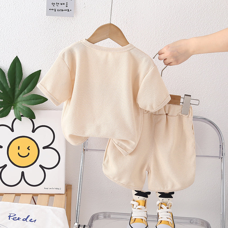 Boys Beige Self Design T-shirt With Shorts