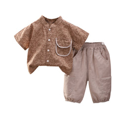 Boys Floral Printed Mandarin Collar Shirt With Joggers