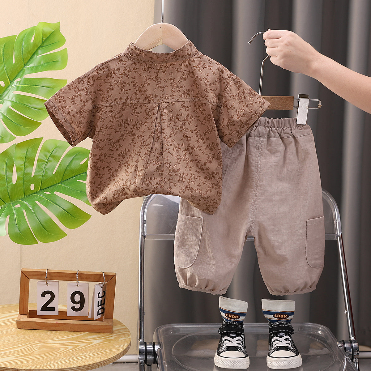 Boys Floral Printed Mandarin Collar Shirt With Joggers