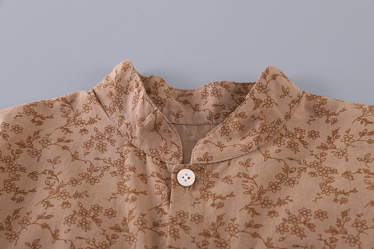 Boys Floral Printed Mandarin Collar Shirt With Joggers