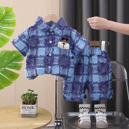 Boys Checked Shirt Collar Shirt With Shorts
