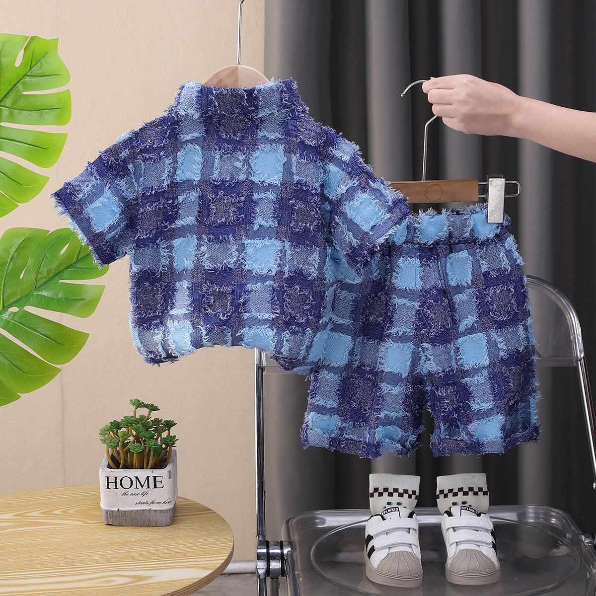 Boys Checked Shirt Collar Shirt With Shorts