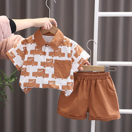 Boys Graphic Printed Spread Collar Shirt With Shorts
