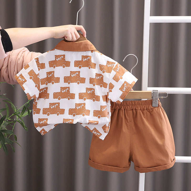 Boys Graphic Printed Spread Collar Shirt With Shorts
