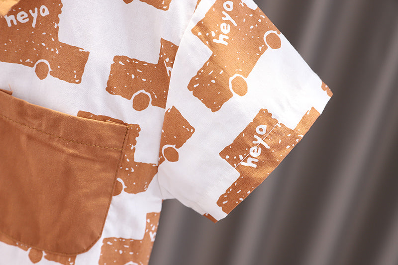 Boys Graphic Printed Spread Collar Shirt With Shorts