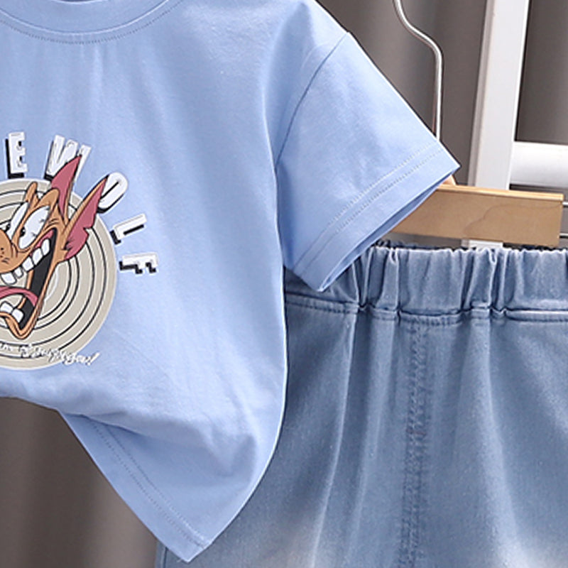 Boys Printed Round Neck T-shirt With Shorts