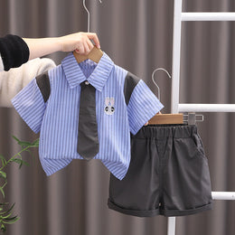 Boys Striped Shirt Collar T-shirt with Shorts