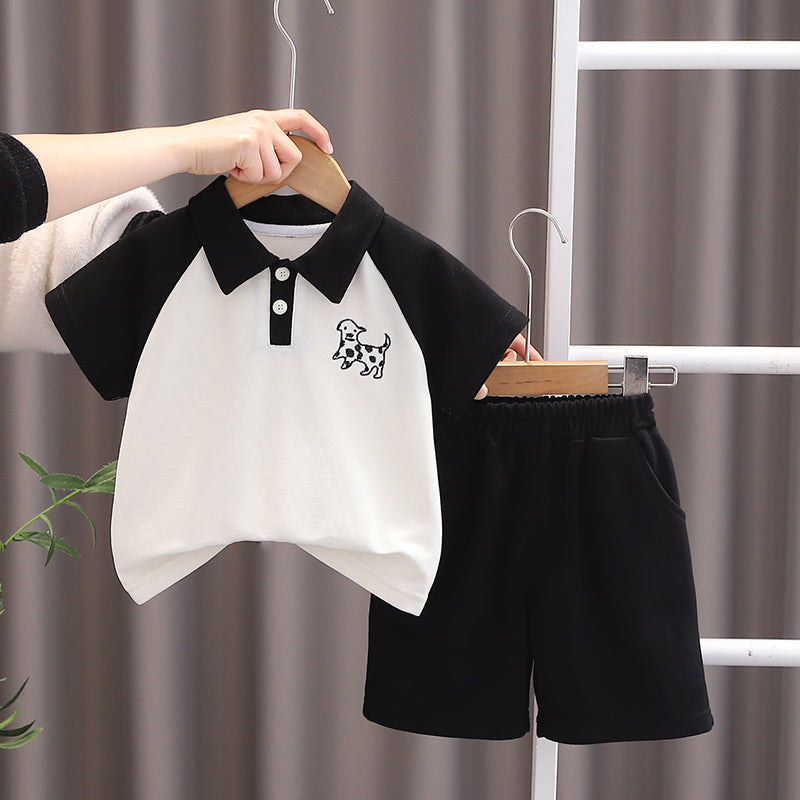 Boys Colourblocked Shirt Collar T-shirt With Shorts