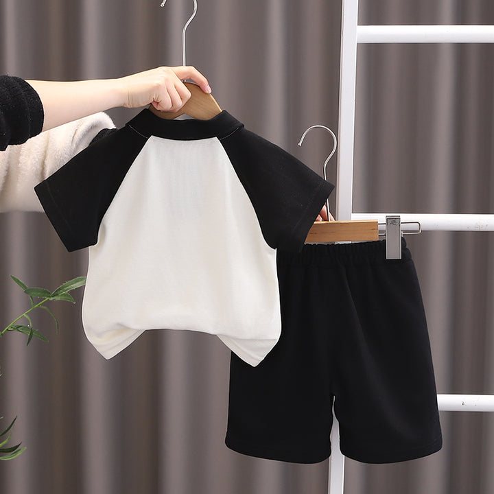 Boys Colourblocked Shirt Collar T-shirt With Shorts