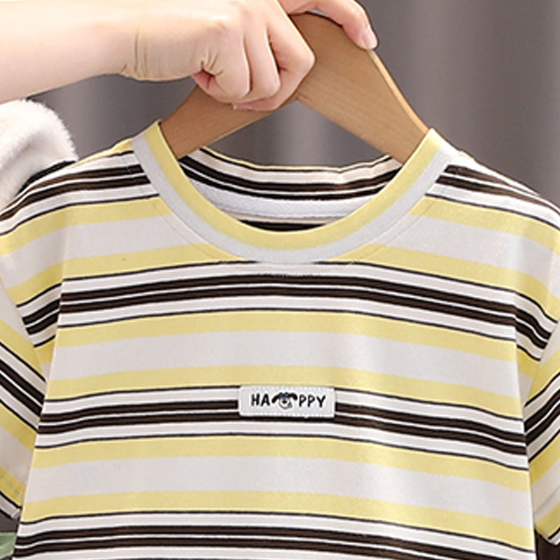 Boys Striped Round Neck T-shirt With Shorts