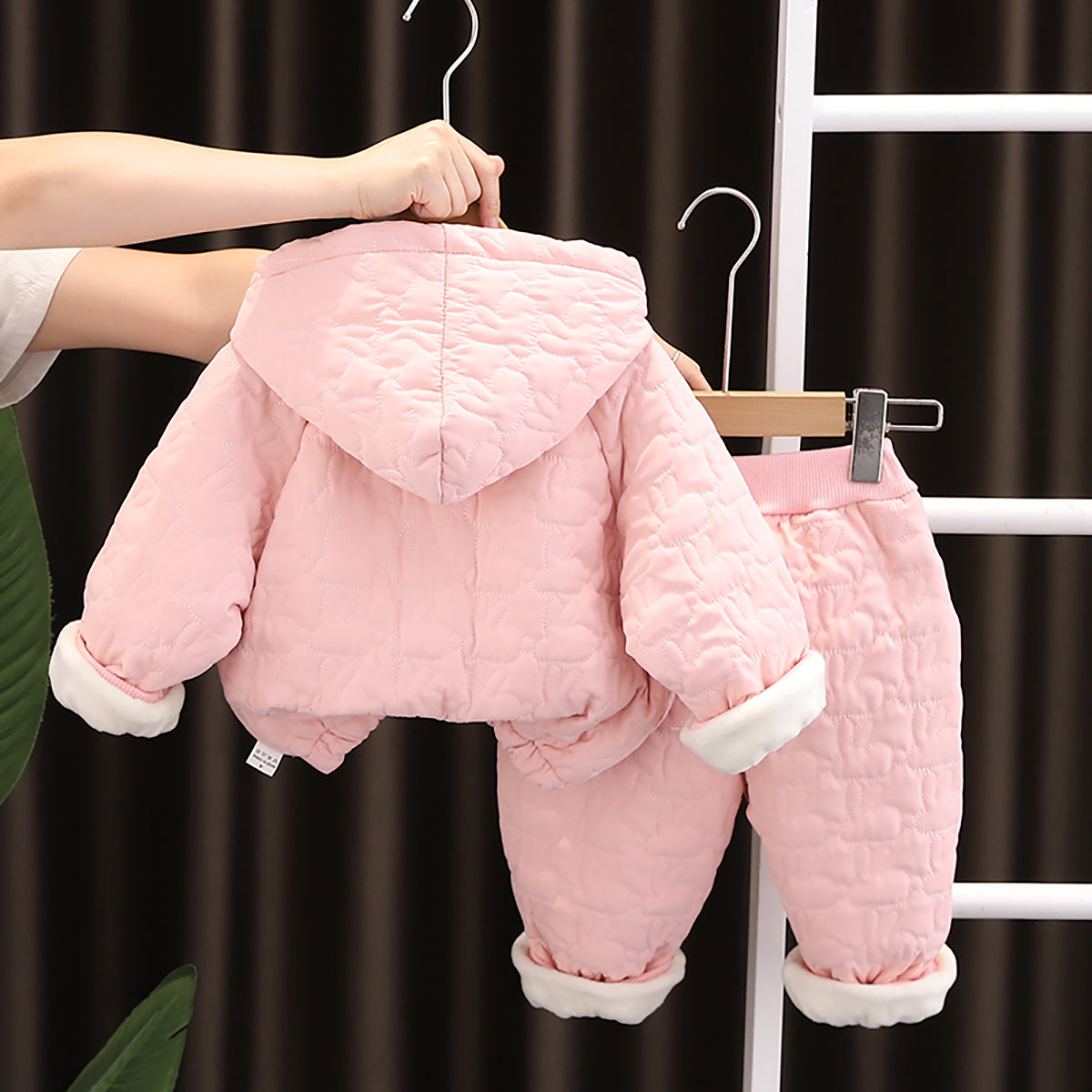 Girls Self Design Hooded Coat With Trouser