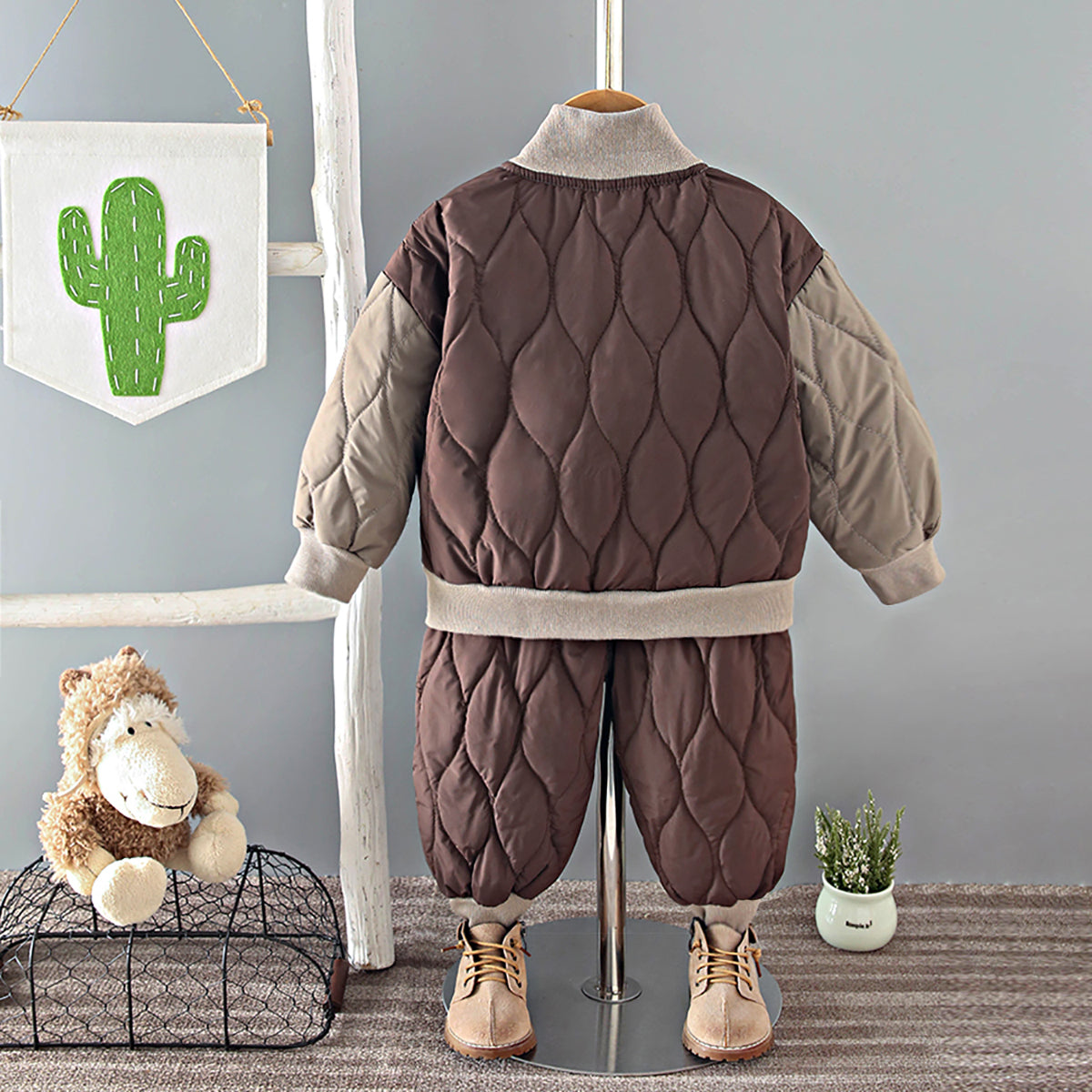 Boys Self Design High Neck Long Sleeves Coat & Trouser