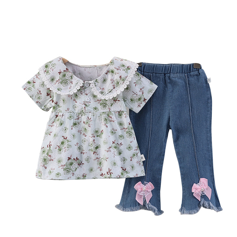 Girls Floral Printed Round Neck Top With Trousers