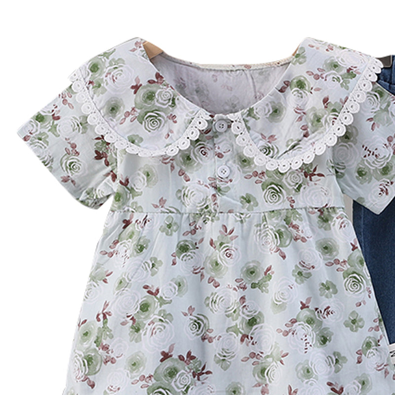 Girls Floral Printed Round Neck Top With Trousers