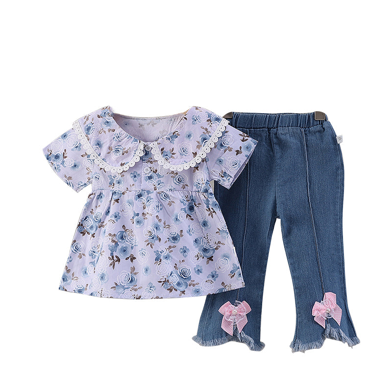 Girls Floral Printed Round Neck Top With Trousers