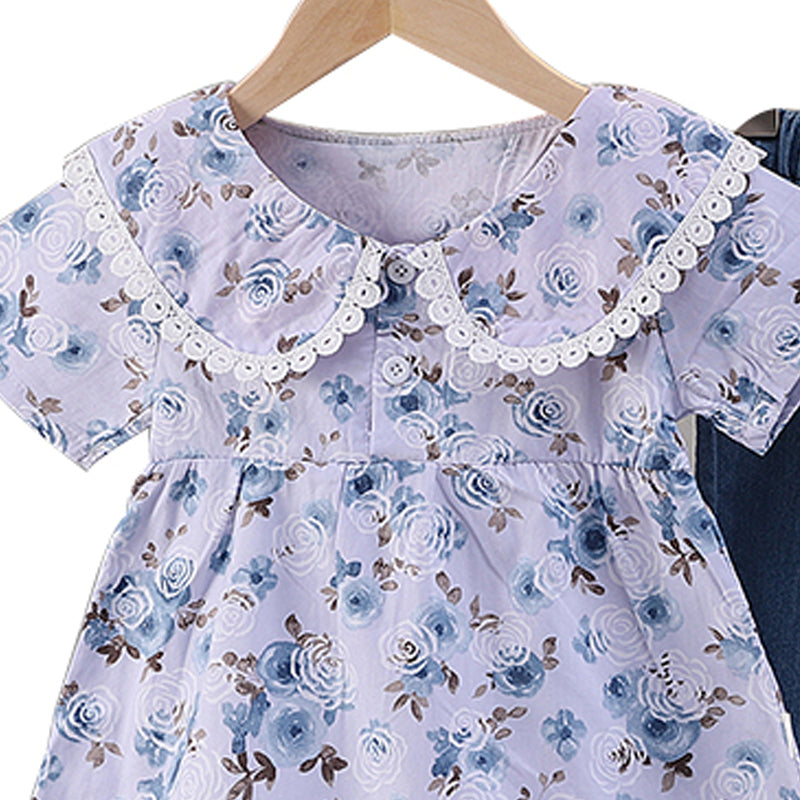 Girls Floral Printed Round Neck Top With Trousers