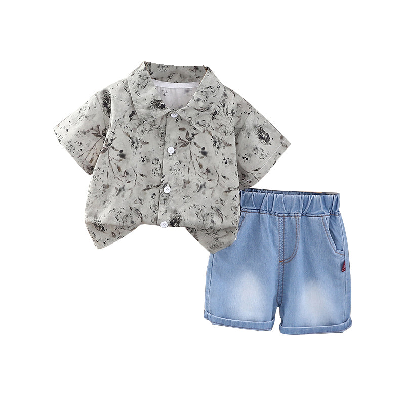 Boys Printed Shirt Collar Shirt with Shorts