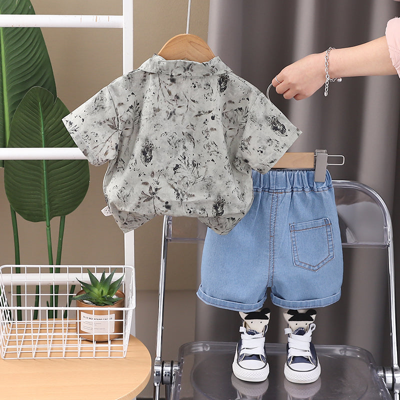 Boys Printed Shirt Collar Shirt with Shorts