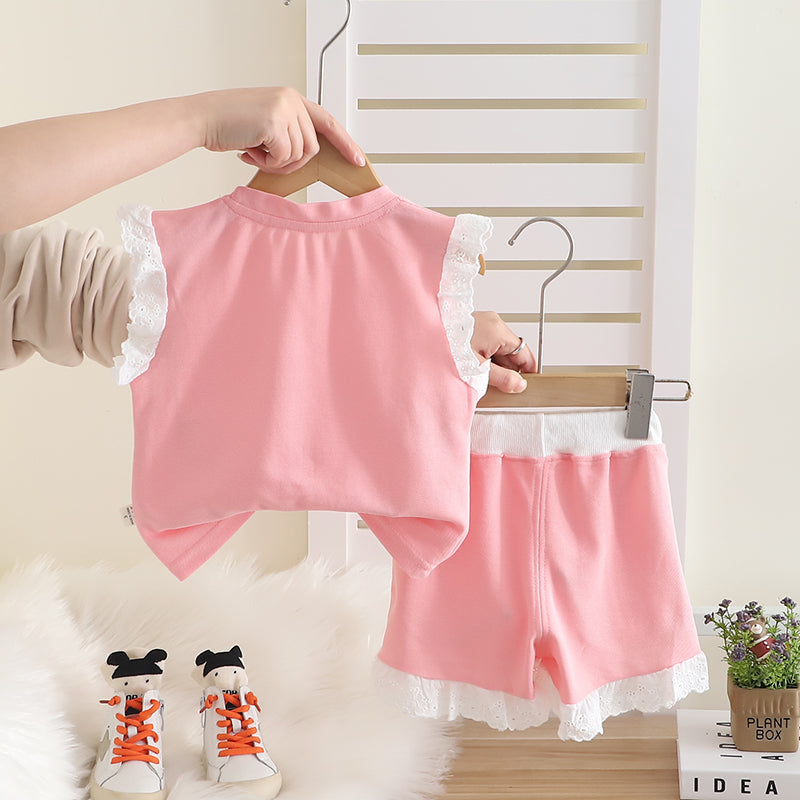 Girls Printed Round Neck T-shirt With Shorts