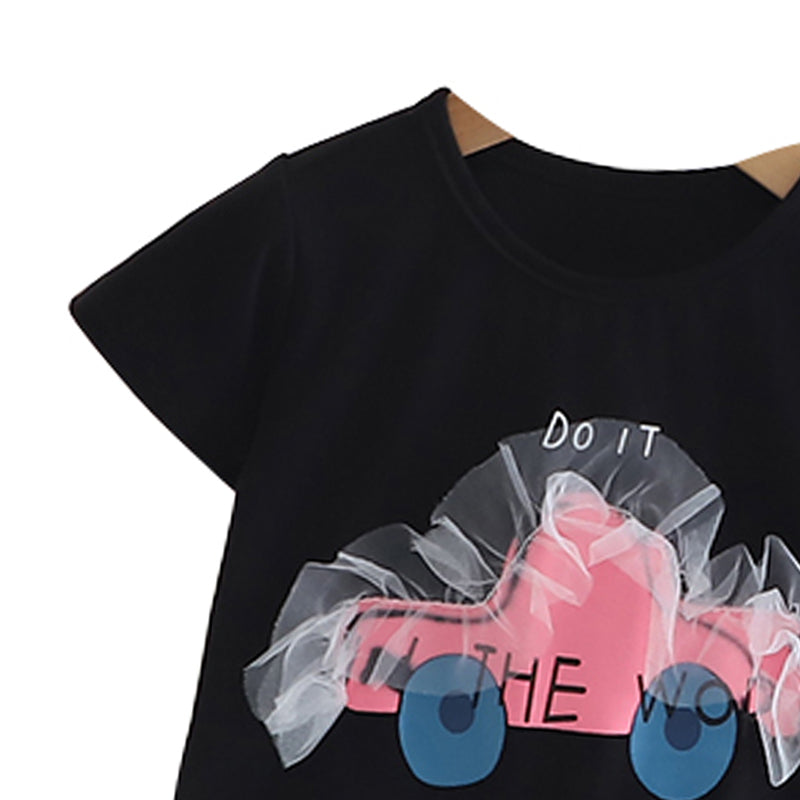 Girls Printed Round Neck T-shirt With Shorts